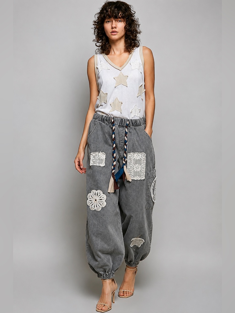 POL Bohemian Gray Patchwork Jogger Pants - Picture 2 of 4
